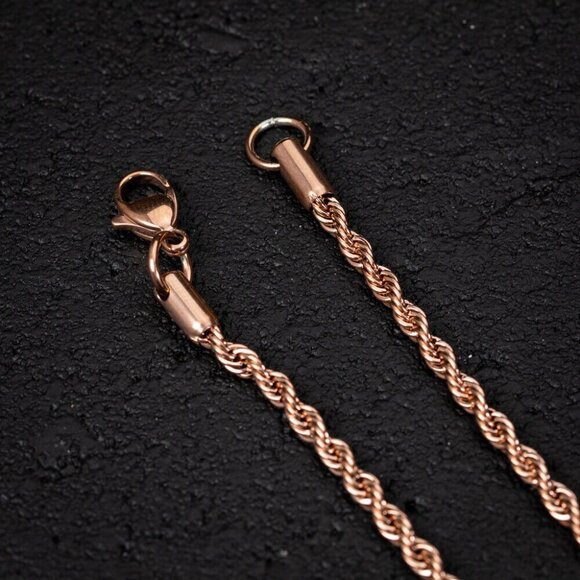 Solid Rose Gold Plated 316 Stainless Steel 3MM Twist Rope Chain Necklace - Picture 4 of 6